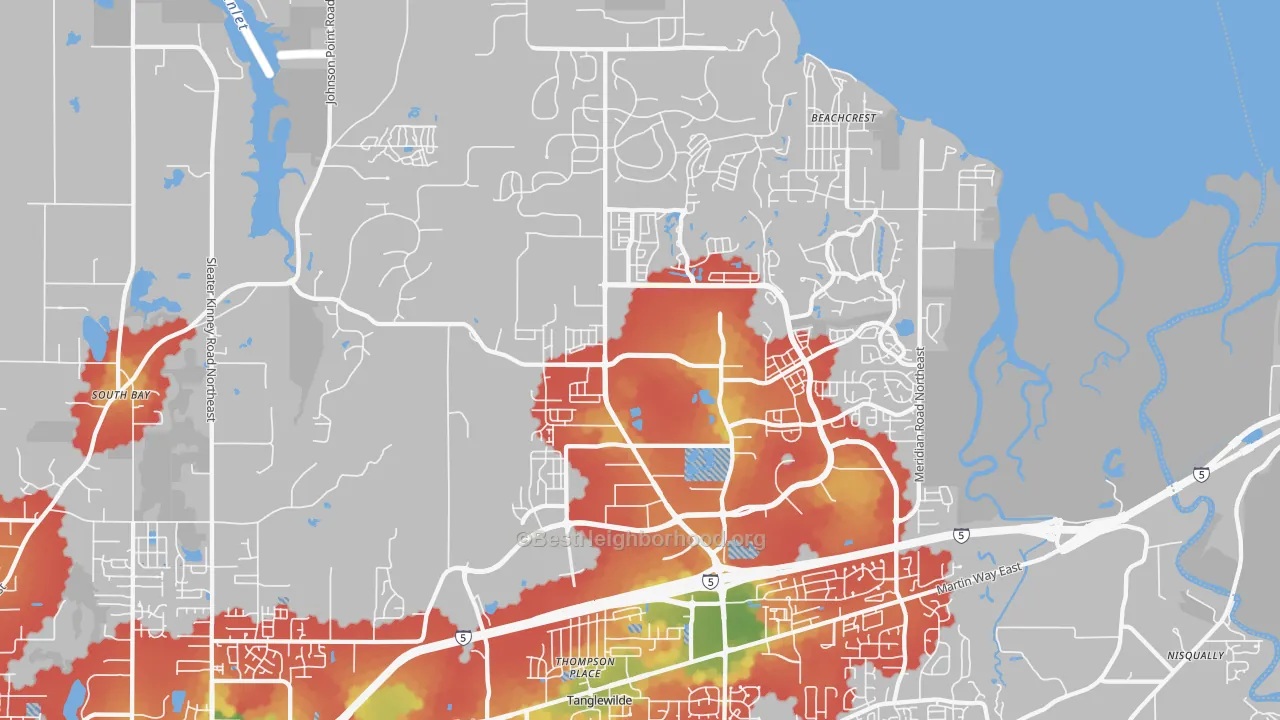 Walk Grade map of 98516, WA, walkable areas in green and car-dependent areas in red
