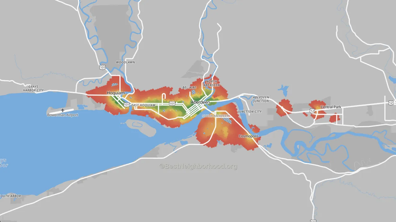 Walk Grade map of 98520, WA, walkable areas in green and car-dependent areas in red