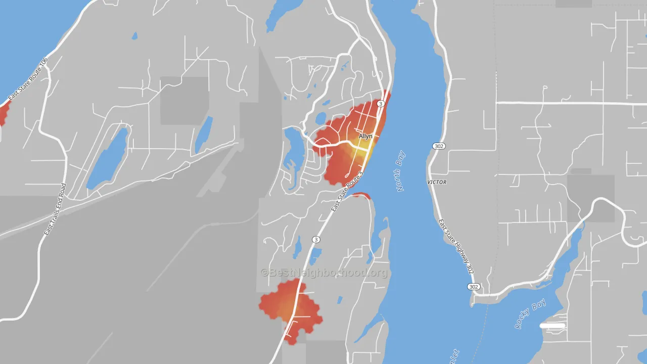 Walk Grade map of 98524, WA, walkable areas in green and car-dependent areas in red