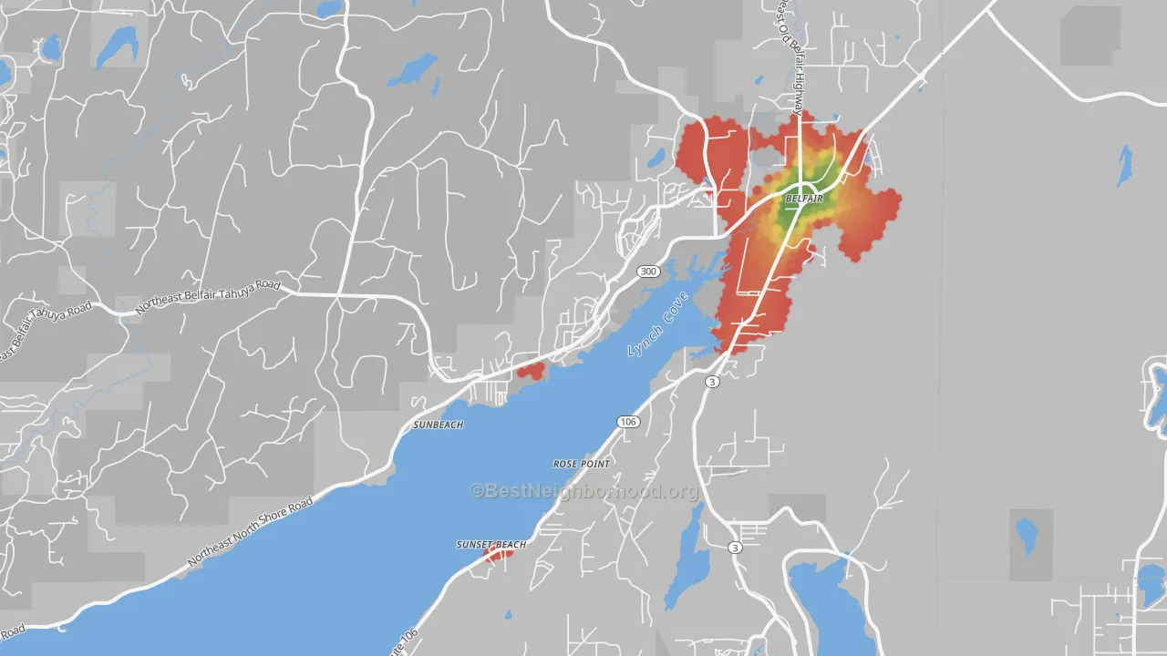 Walk Grade map of 98528, WA, walkable areas in green and car-dependent areas in red