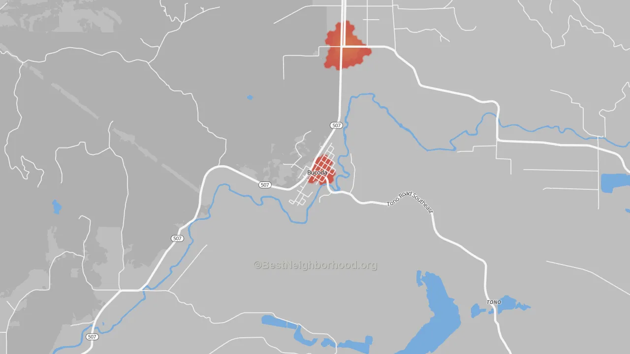 Walk Grade map of 98530, WA, walkable areas in green and car-dependent areas in red