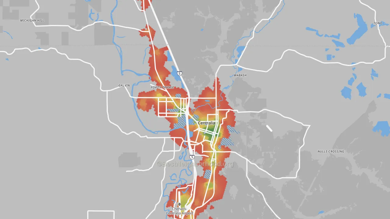 Walk Grade map of 98531, WA, walkable areas in green and car-dependent areas in red