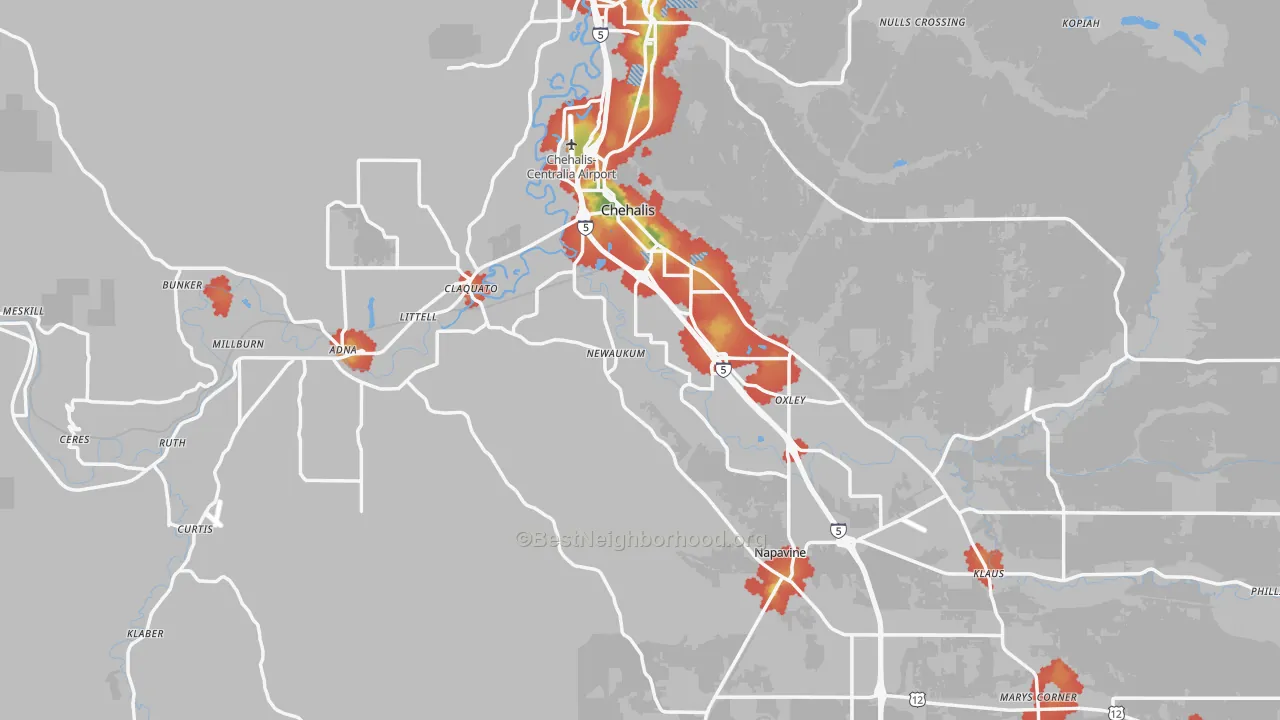 Walk Grade map of 98532, WA, walkable areas in green and car-dependent areas in red