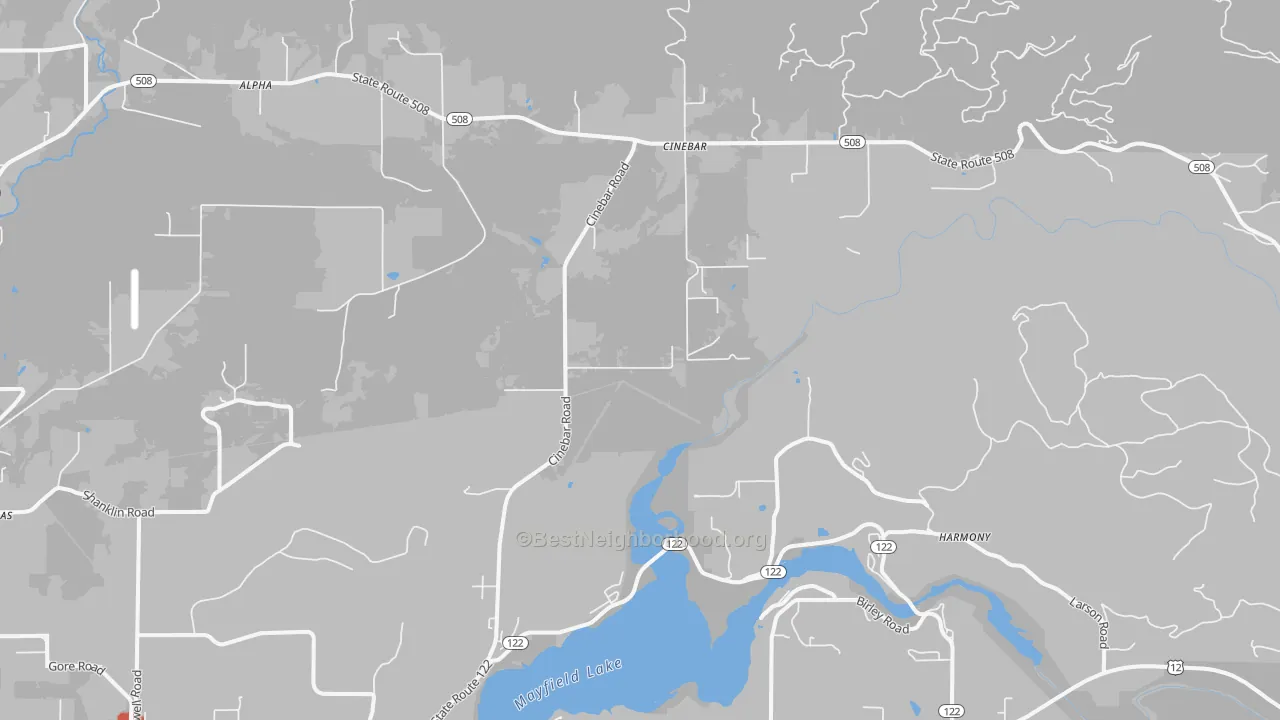 Walk Grade map of 98533, WA, walkable areas in green and car-dependent areas in red