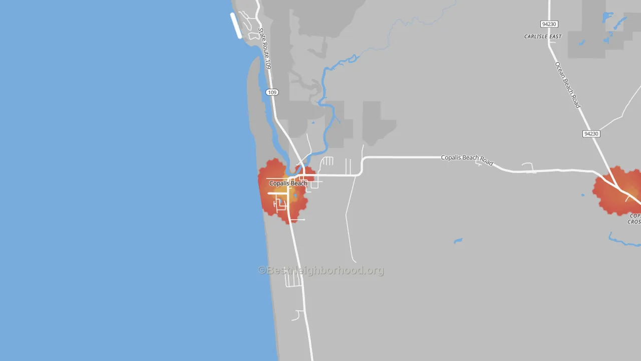 Walk Grade map of 98535, WA, walkable areas in green and car-dependent areas in red
