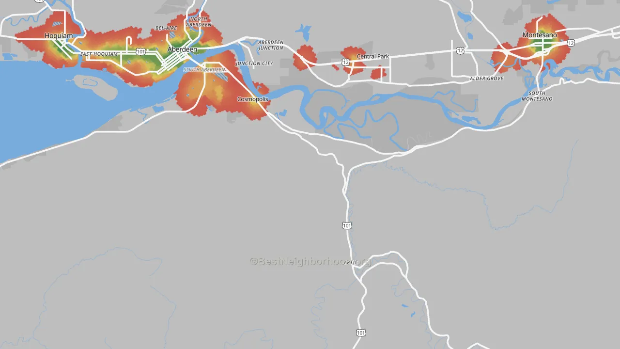 Walk Grade map of 98537, WA, walkable areas in green and car-dependent areas in red