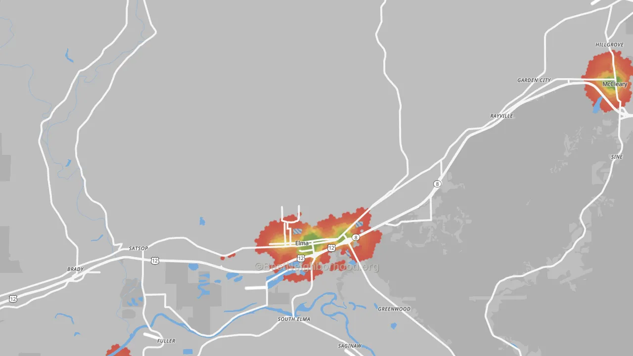 Walk Grade map of 98541, WA, walkable areas in green and car-dependent areas in red