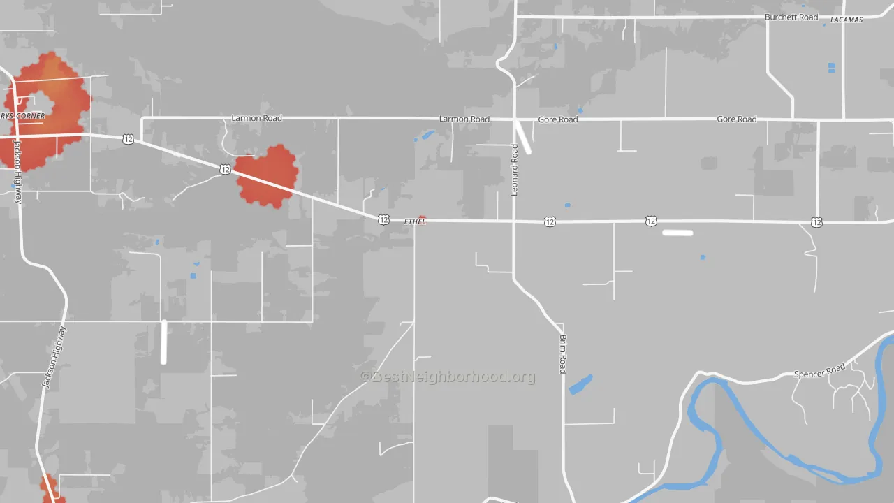 Walk Grade map of 98542, WA, walkable areas in green and car-dependent areas in red