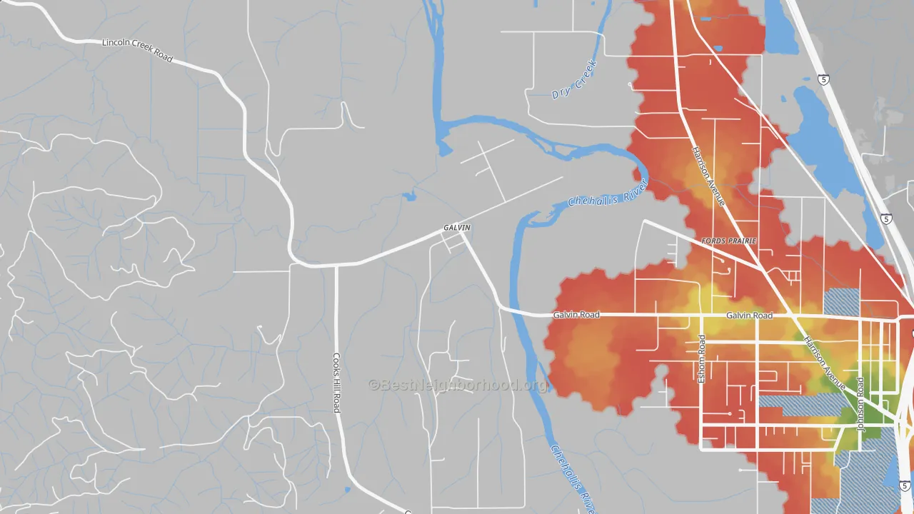Walk Grade map of 98544, WA, walkable areas in green and car-dependent areas in red