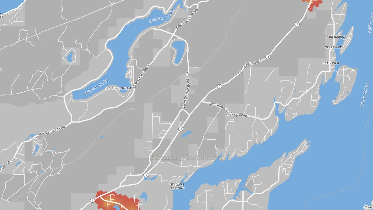 Walk Grade map of 98546, WA, walkable areas in green and car-dependent areas in red