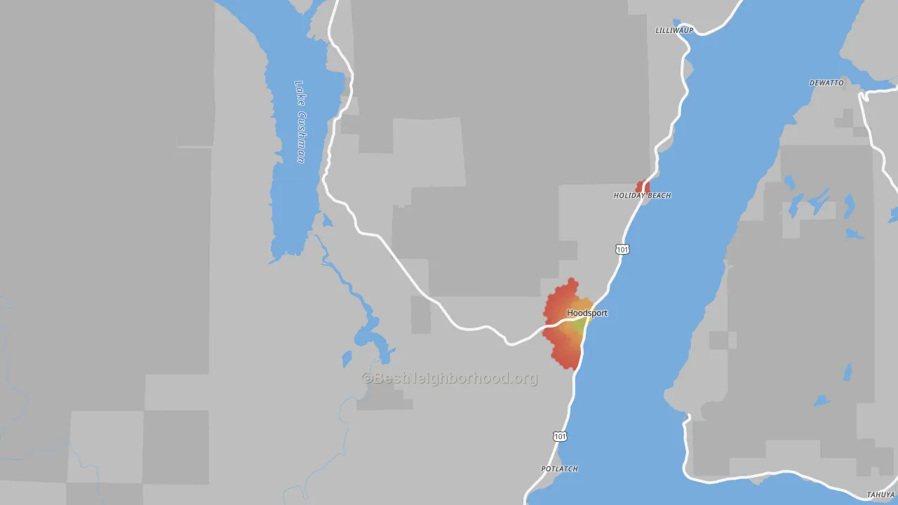 Walk Grade map of 98548, WA, walkable areas in green and car-dependent areas in red