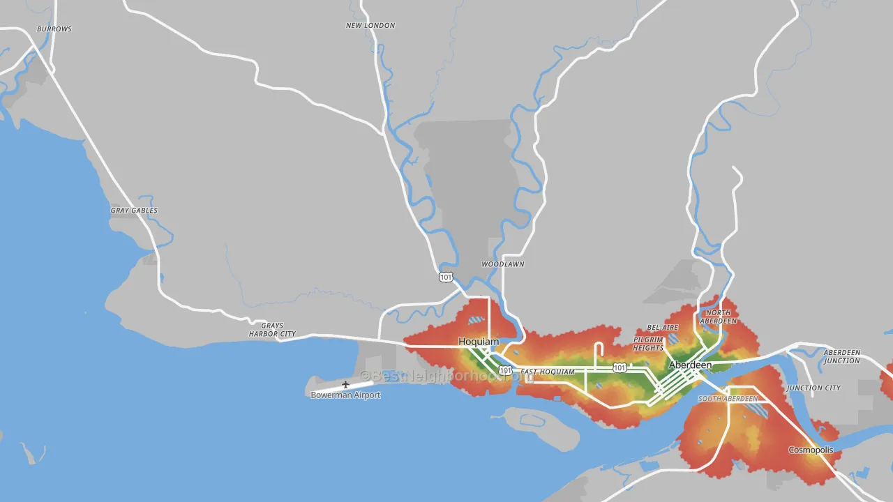 Walk Grade map of 98550, WA, walkable areas in green and car-dependent areas in red