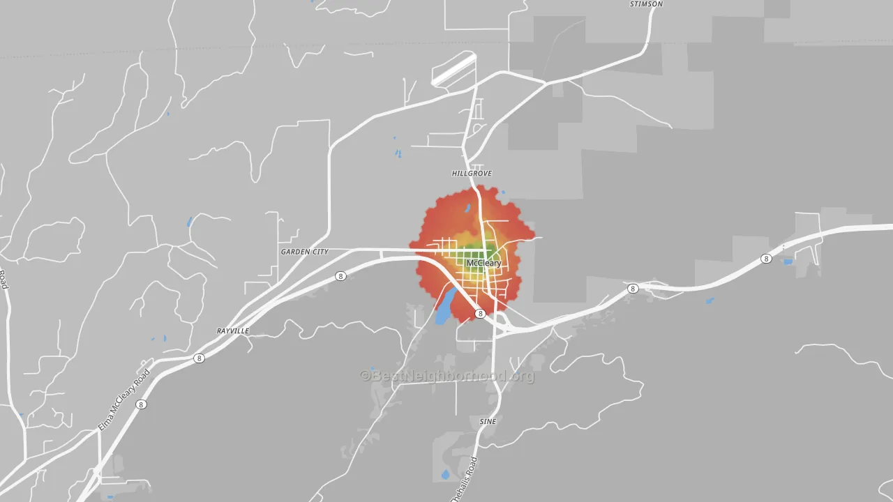 Walk Grade map of 98557, WA, walkable areas in green and car-dependent areas in red