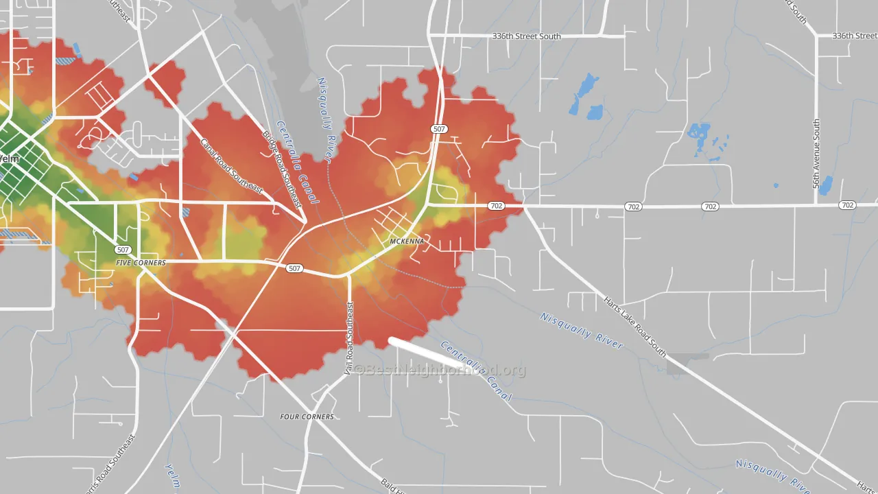 Walk Grade map of 98558, WA, walkable areas in green and car-dependent areas in red