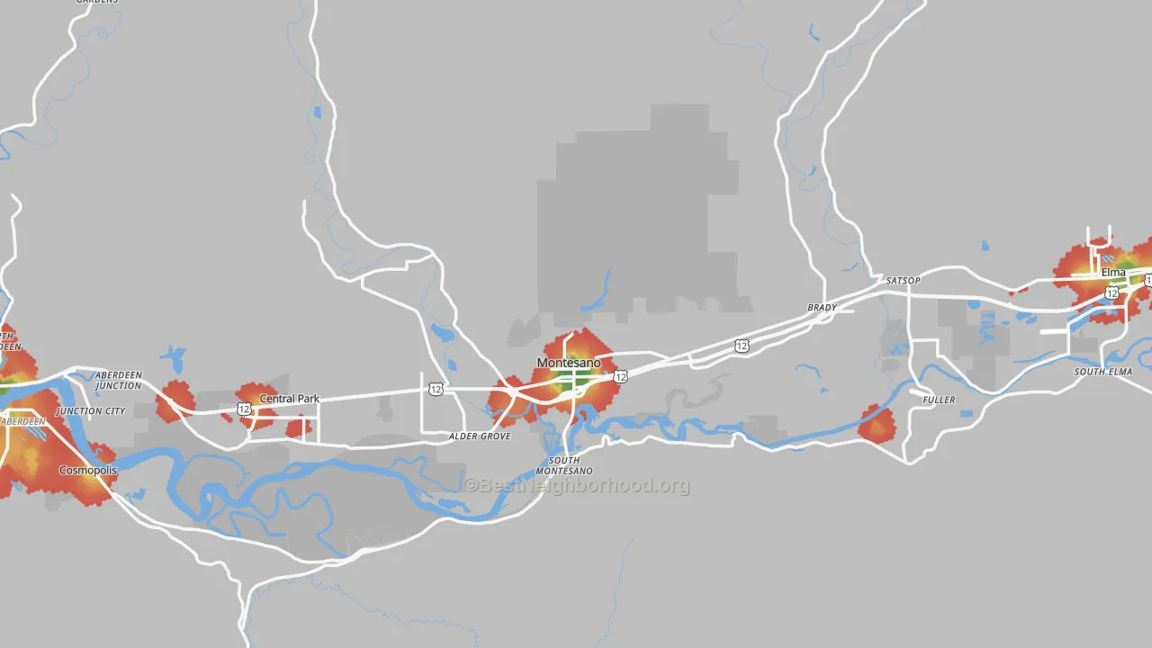 Walk Grade map of 98563, WA, walkable areas in green and car-dependent areas in red