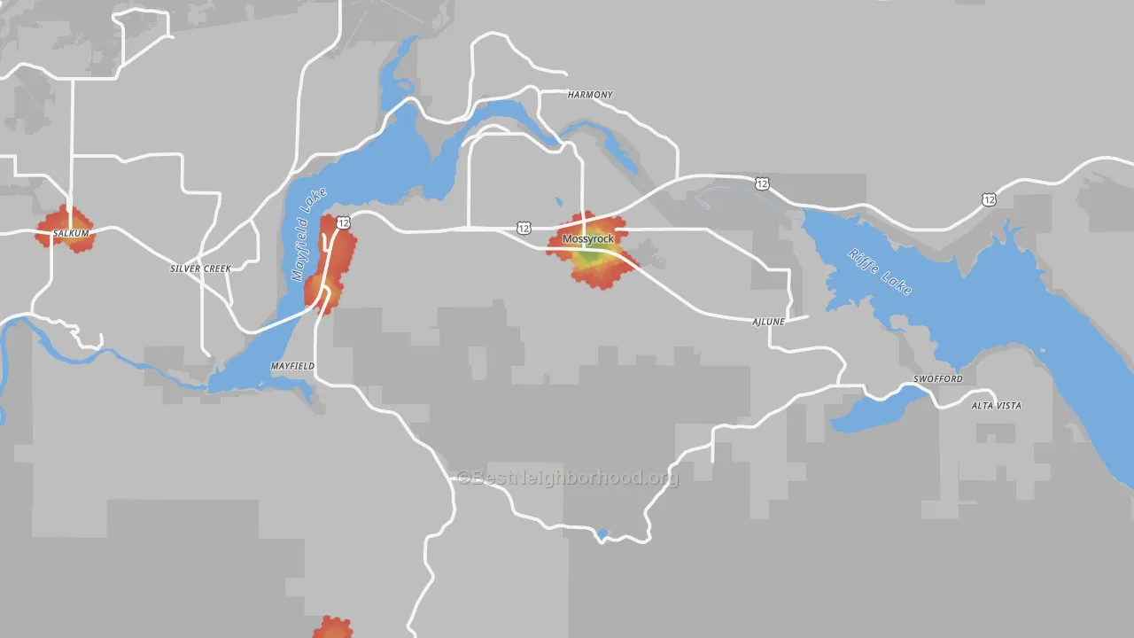 Walk Grade map of 98564, WA, walkable areas in green and car-dependent areas in red