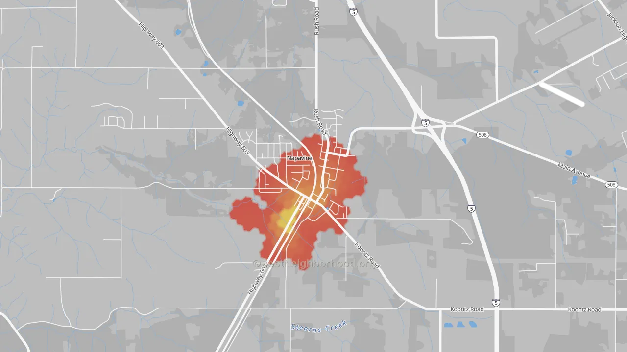 Walk Grade map of 98565, WA, walkable areas in green and car-dependent areas in red