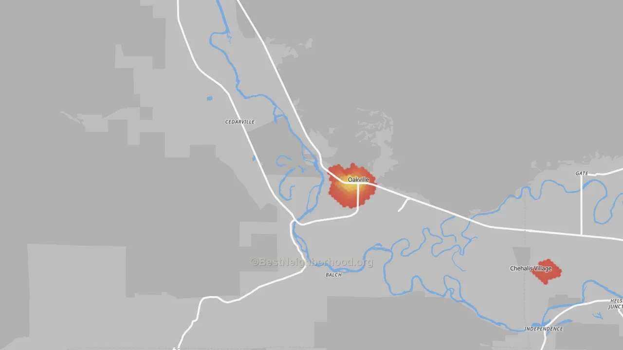 Walk Grade map of 98568, WA, walkable areas in green and car-dependent areas in red