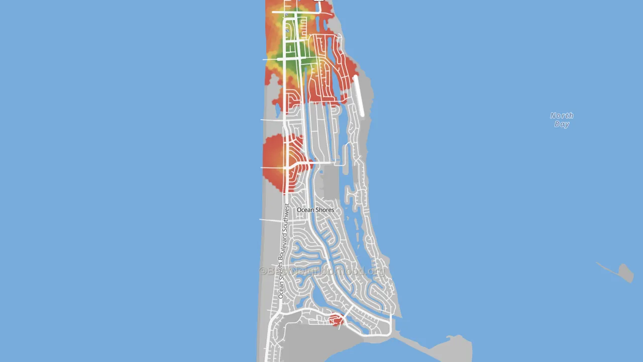 Walk Grade map of 98569, WA, walkable areas in green and car-dependent areas in red