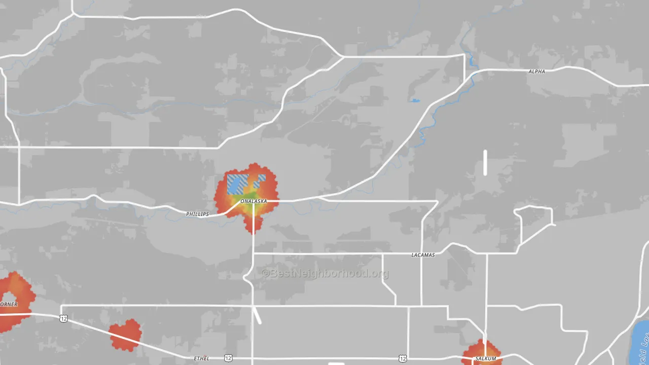 Walk Grade map of 98570, WA, walkable areas in green and car-dependent areas in red