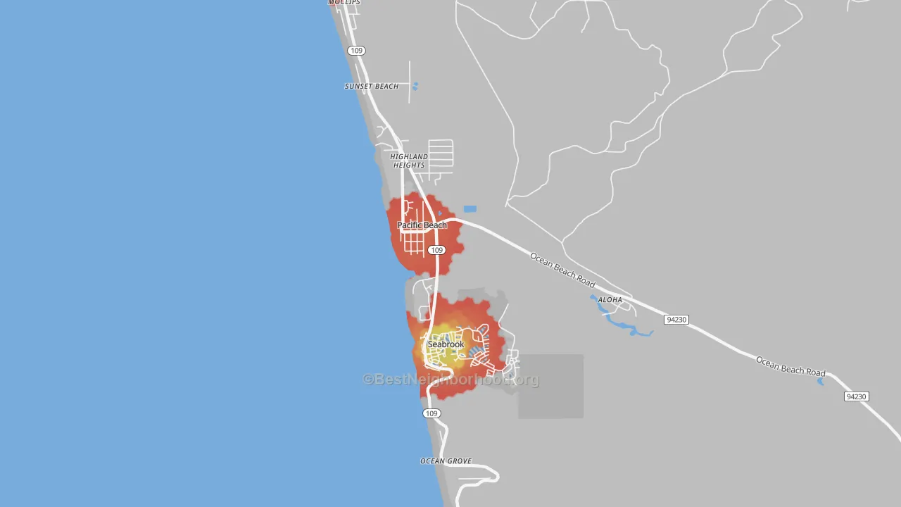 Walk Grade map of 98571, WA, walkable areas in green and car-dependent areas in red