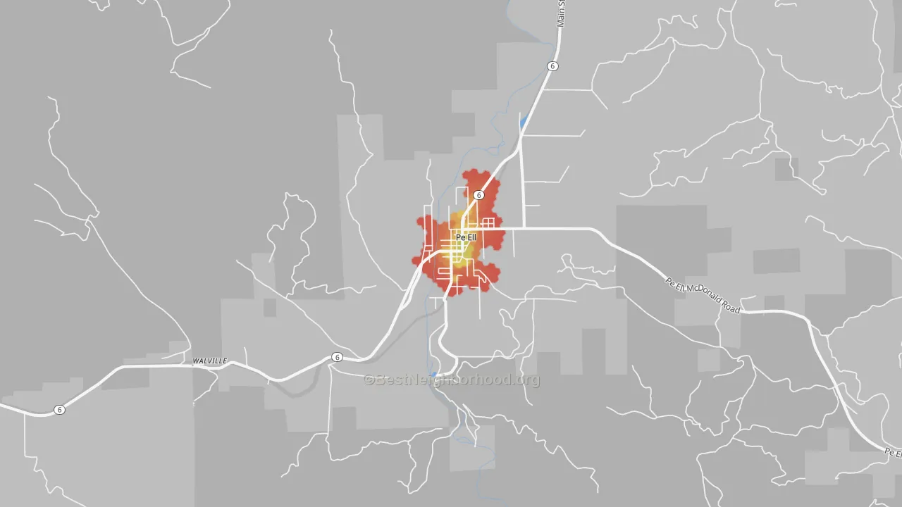 Walk Grade map of 98572, WA, walkable areas in green and car-dependent areas in red