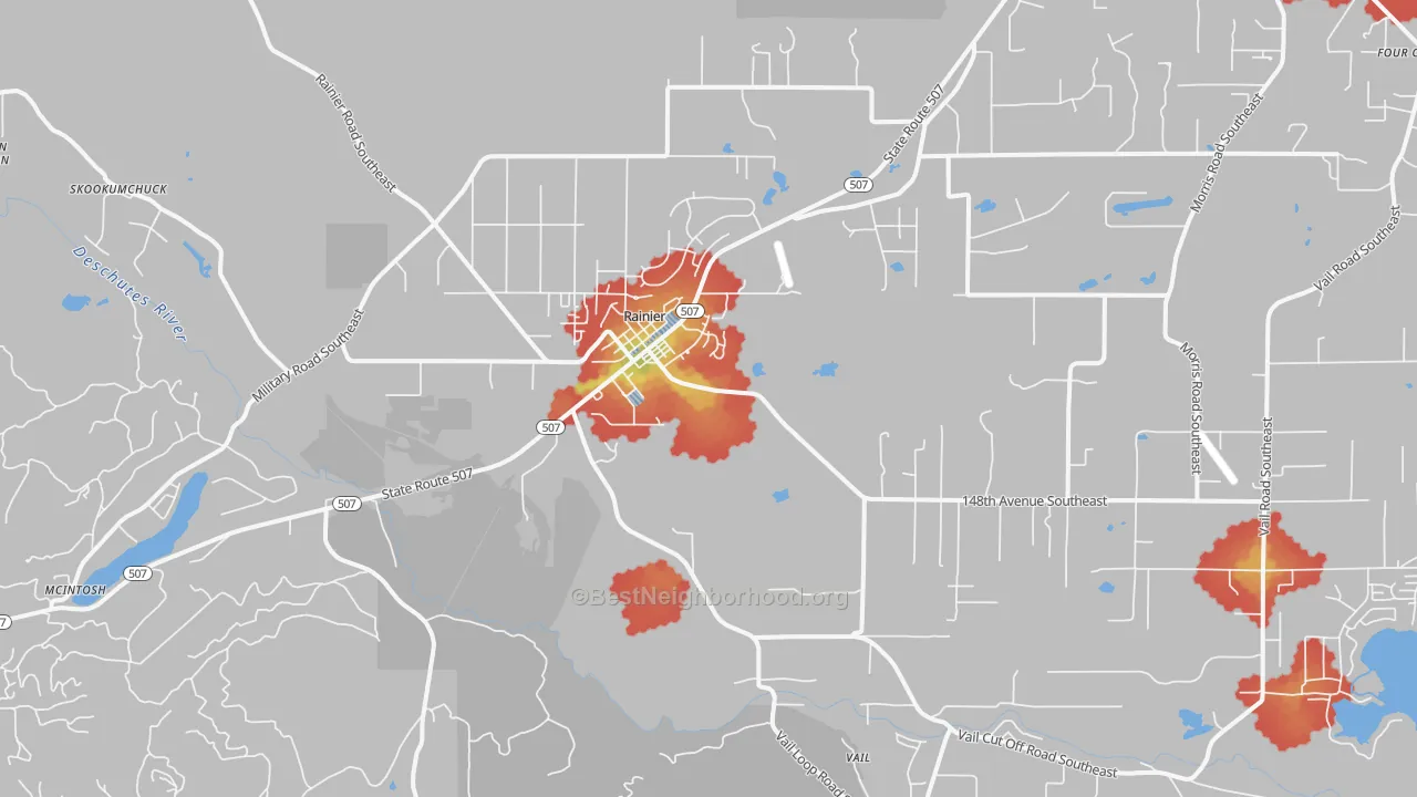 Walk Grade map of 98576, WA, walkable areas in green and car-dependent areas in red