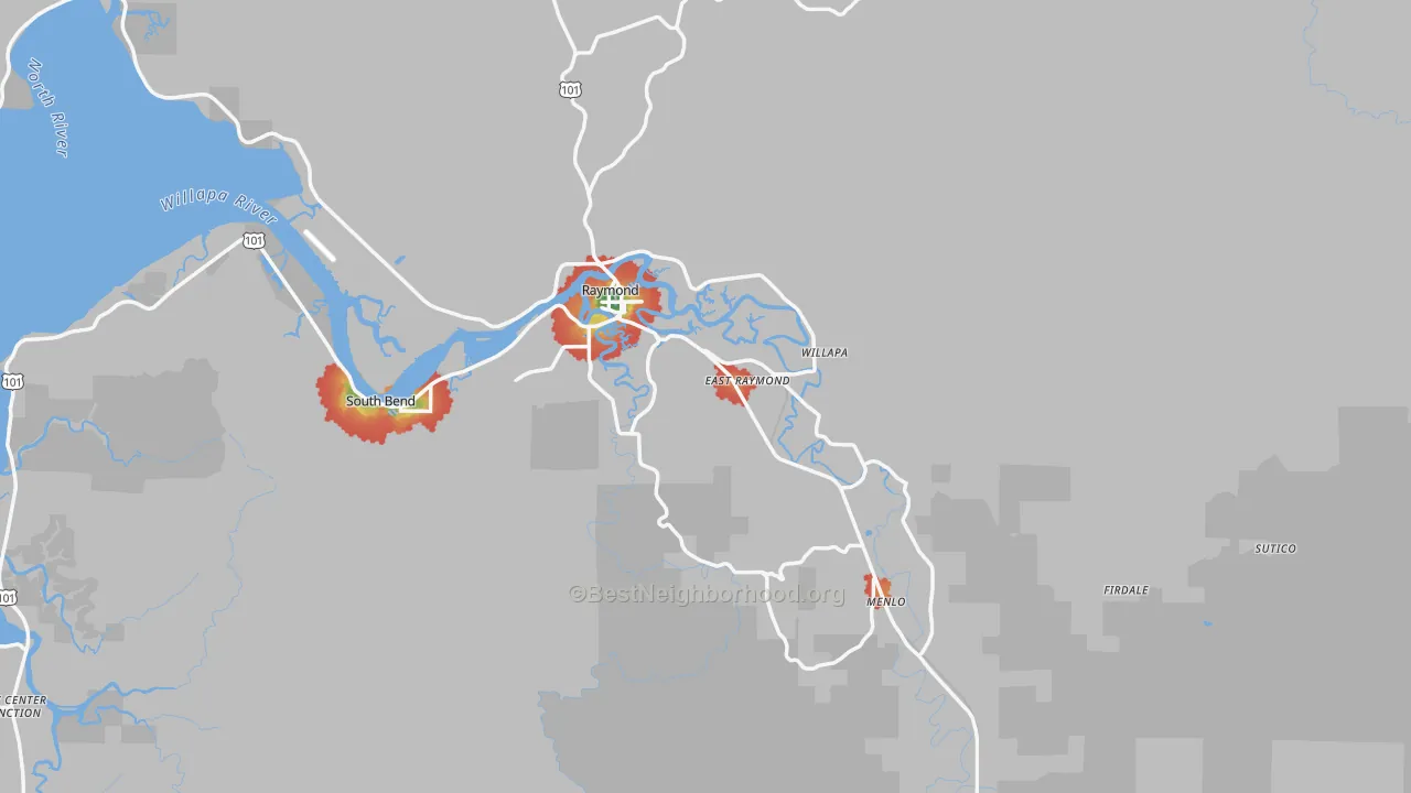 Walk Grade map of 98577, WA, walkable areas in green and car-dependent areas in red