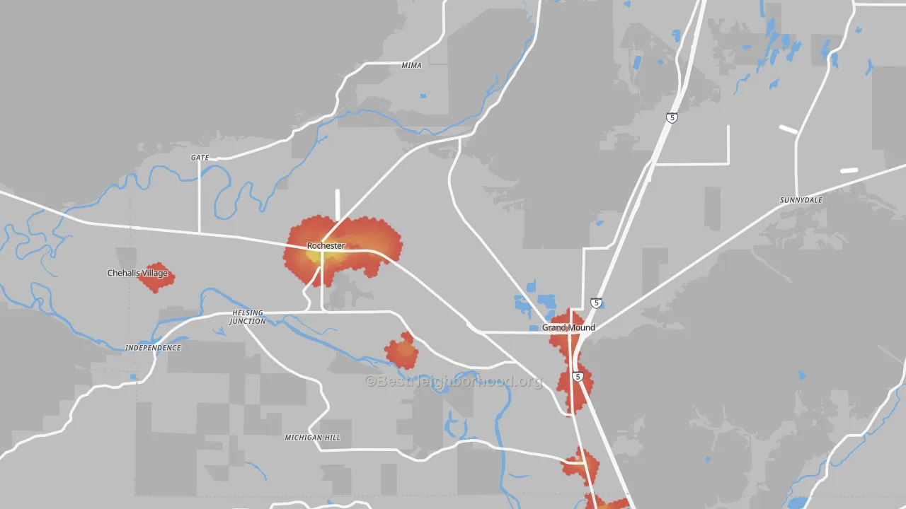 Walk Grade map of 98579, WA, walkable areas in green and car-dependent areas in red
