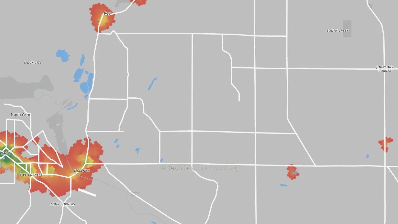 Walk Grade map of 98580, WA, walkable areas in green and car-dependent areas in red