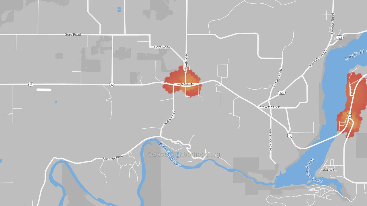 Walk Grade map of 98582, WA, walkable areas in green and car-dependent areas in red