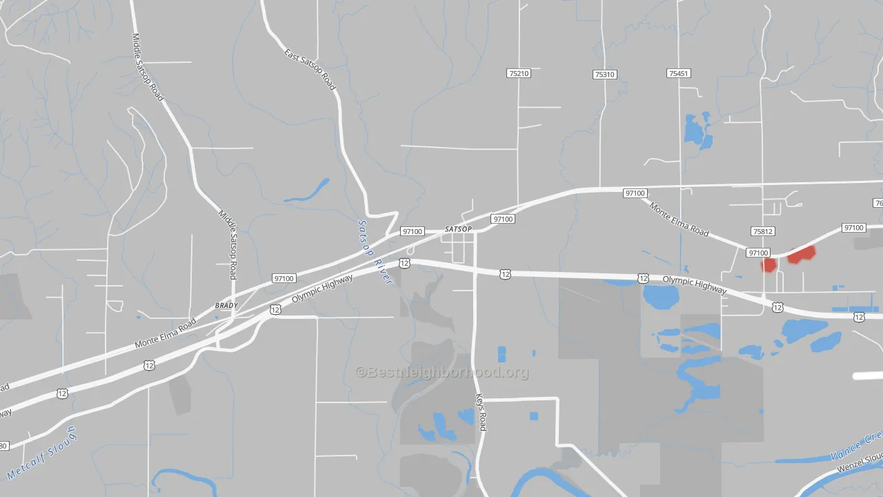 Walk Grade map of 98583, WA, walkable areas in green and car-dependent areas in red