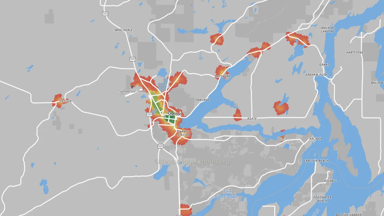 Walk Grade map of 98584, WA, walkable areas in green and car-dependent areas in red