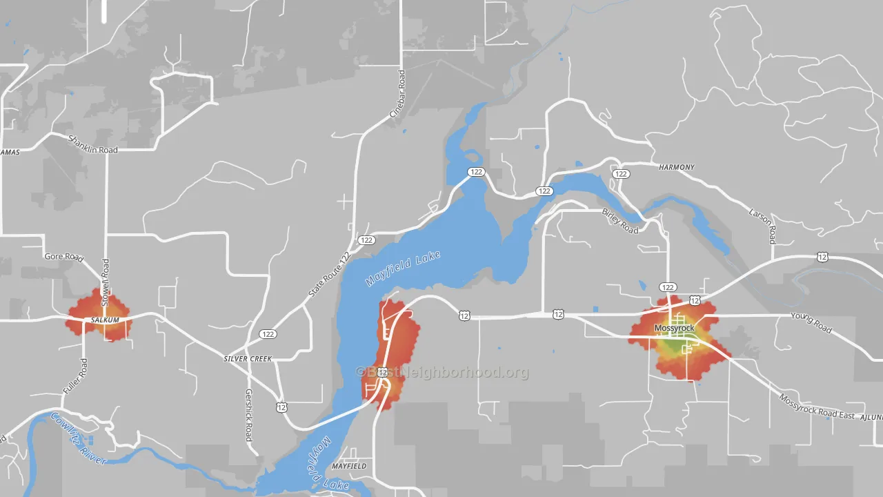 Walk Grade map of 98585, WA, walkable areas in green and car-dependent areas in red