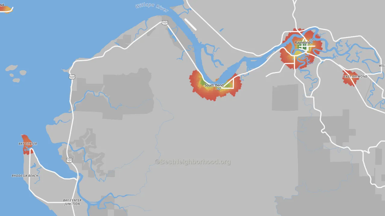 Walk Grade map of 98586, WA, walkable areas in green and car-dependent areas in red