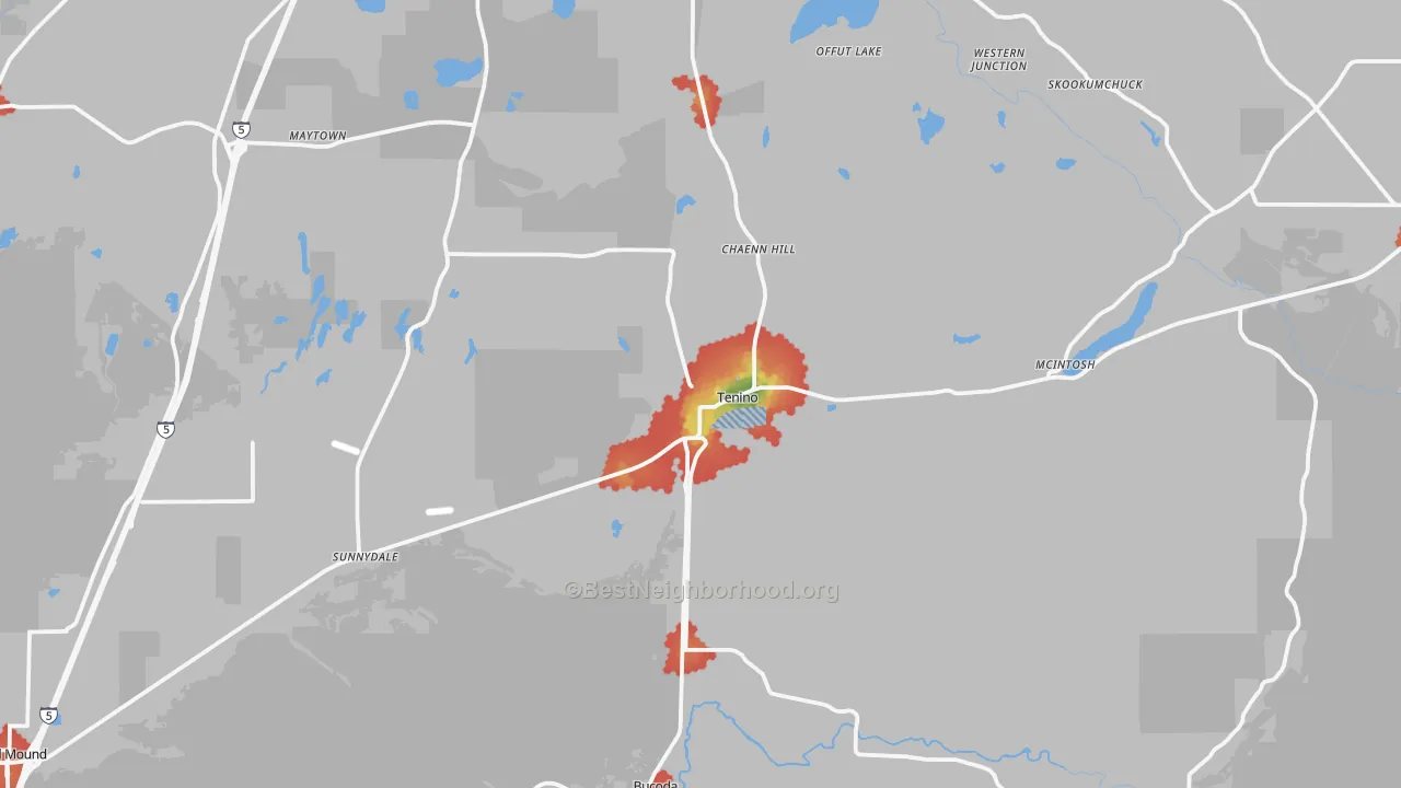 Walk Grade map of 98589, WA, walkable areas in green and car-dependent areas in red