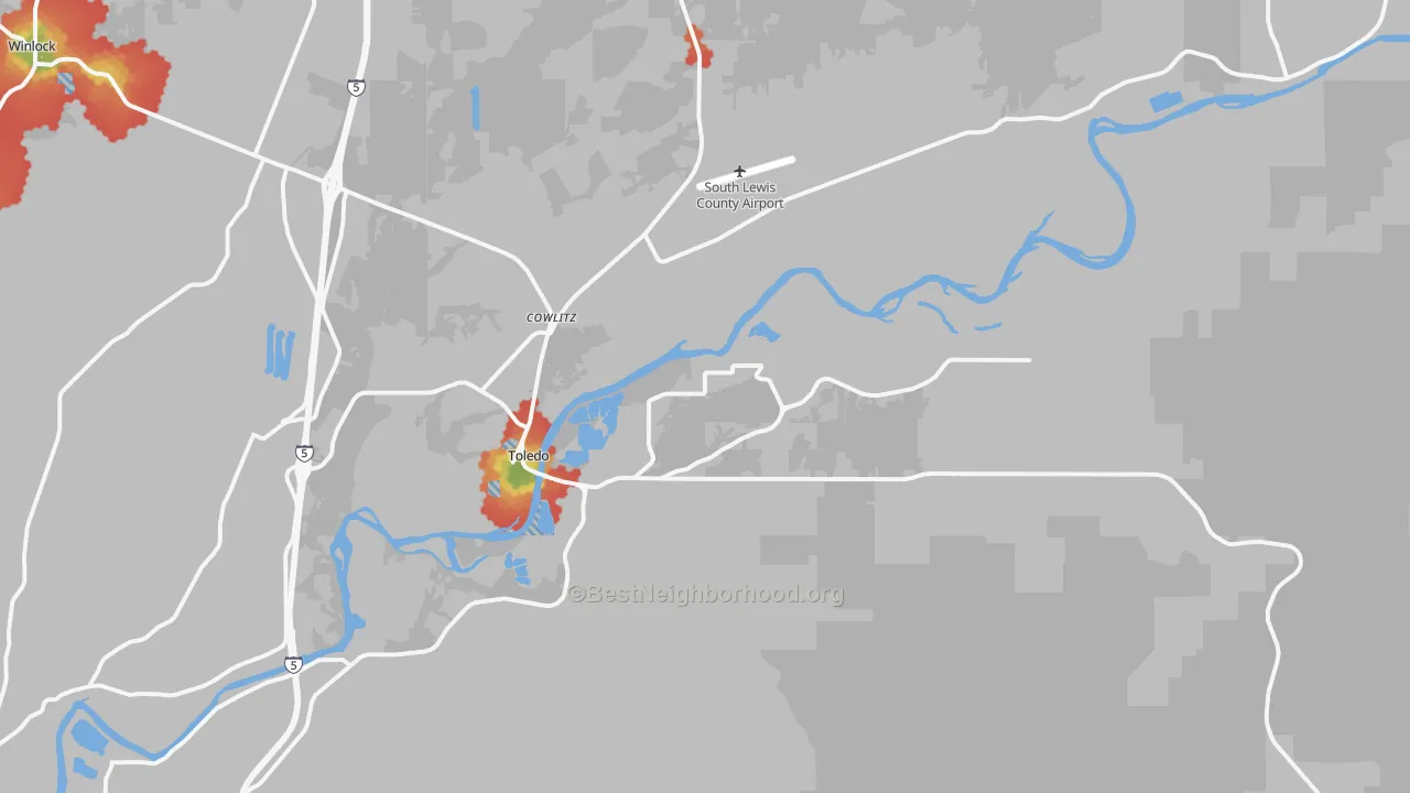 Walk Grade map of 98591, WA, walkable areas in green and car-dependent areas in red