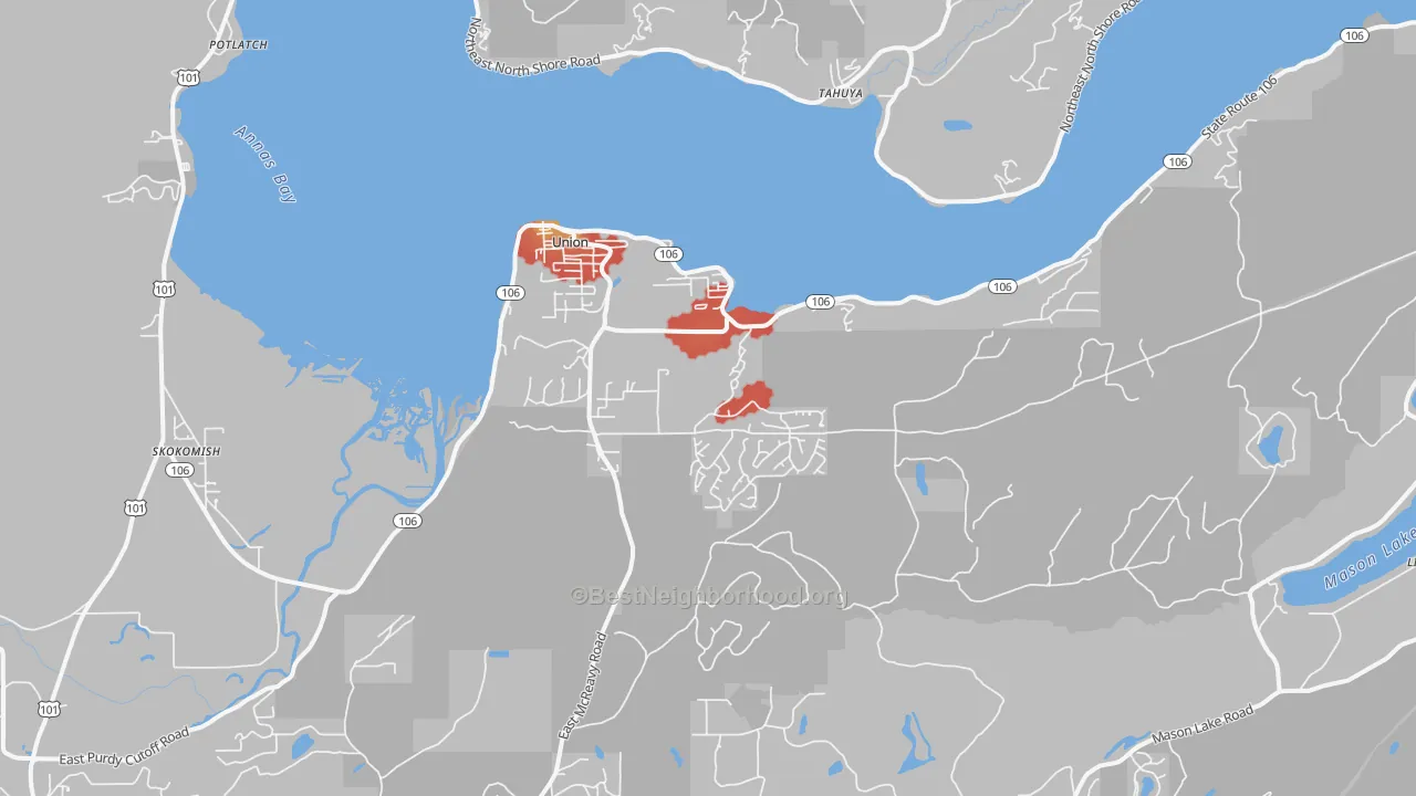 Walk Grade map of 98592, WA, walkable areas in green and car-dependent areas in red