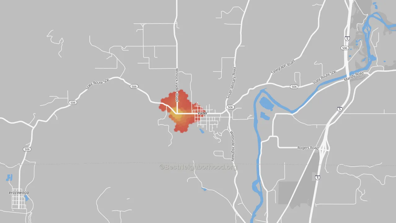 Walk Grade map of 98593, WA, walkable areas in green and car-dependent areas in red