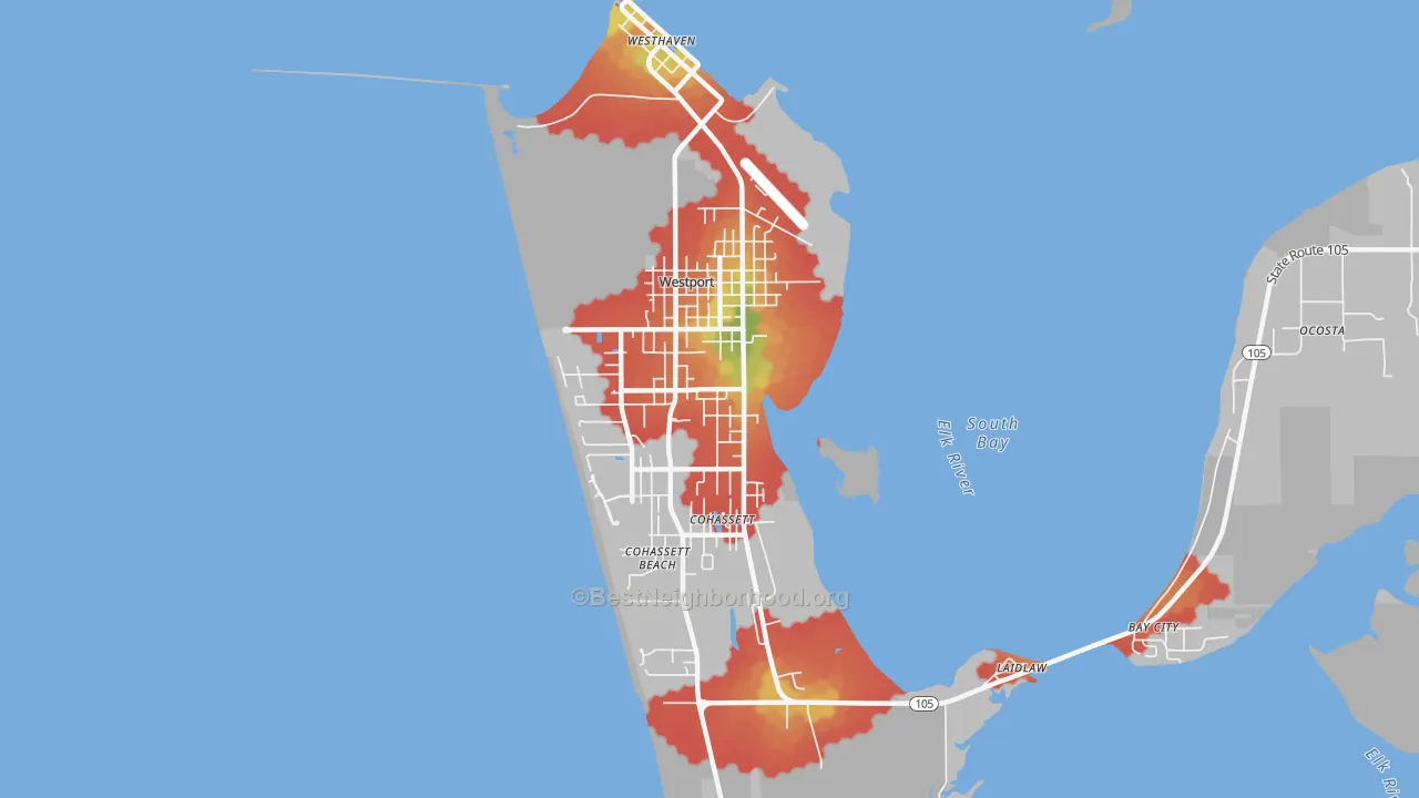 Walk Grade map of 98595, WA, walkable areas in green and car-dependent areas in red