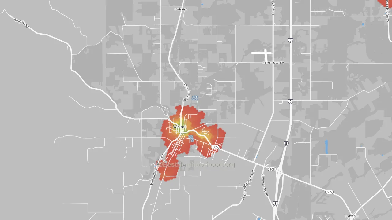Walk Grade map of 98596, WA, walkable areas in green and car-dependent areas in red