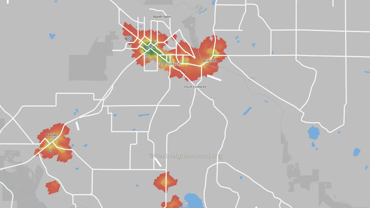 Walk Grade map of 98597, WA, walkable areas in green and car-dependent areas in red