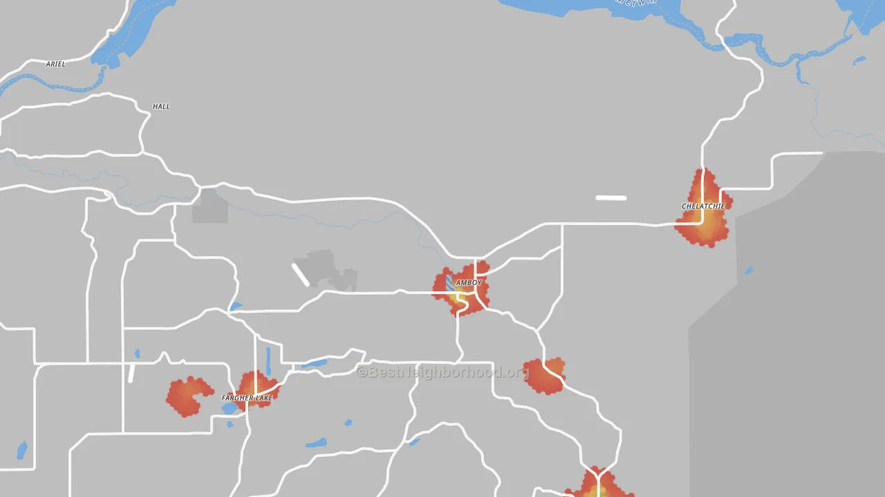 Walk Grade map of 98601, WA, walkable areas in green and car-dependent areas in red