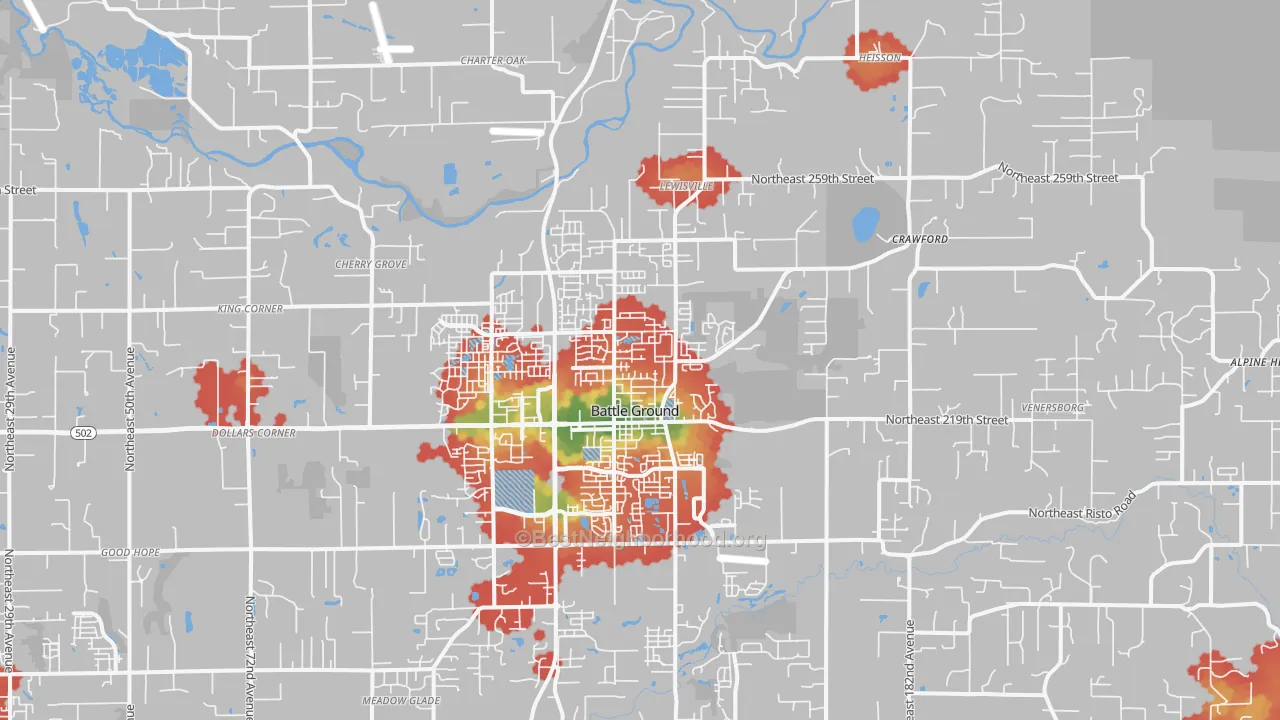 Walk Grade map of 98604, WA, walkable areas in green and car-dependent areas in red