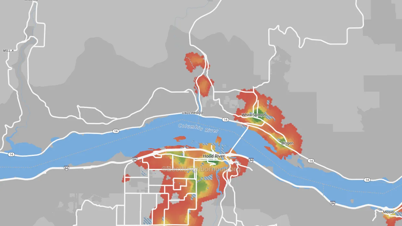 Walk Grade map of 98605, WA, walkable areas in green and car-dependent areas in red