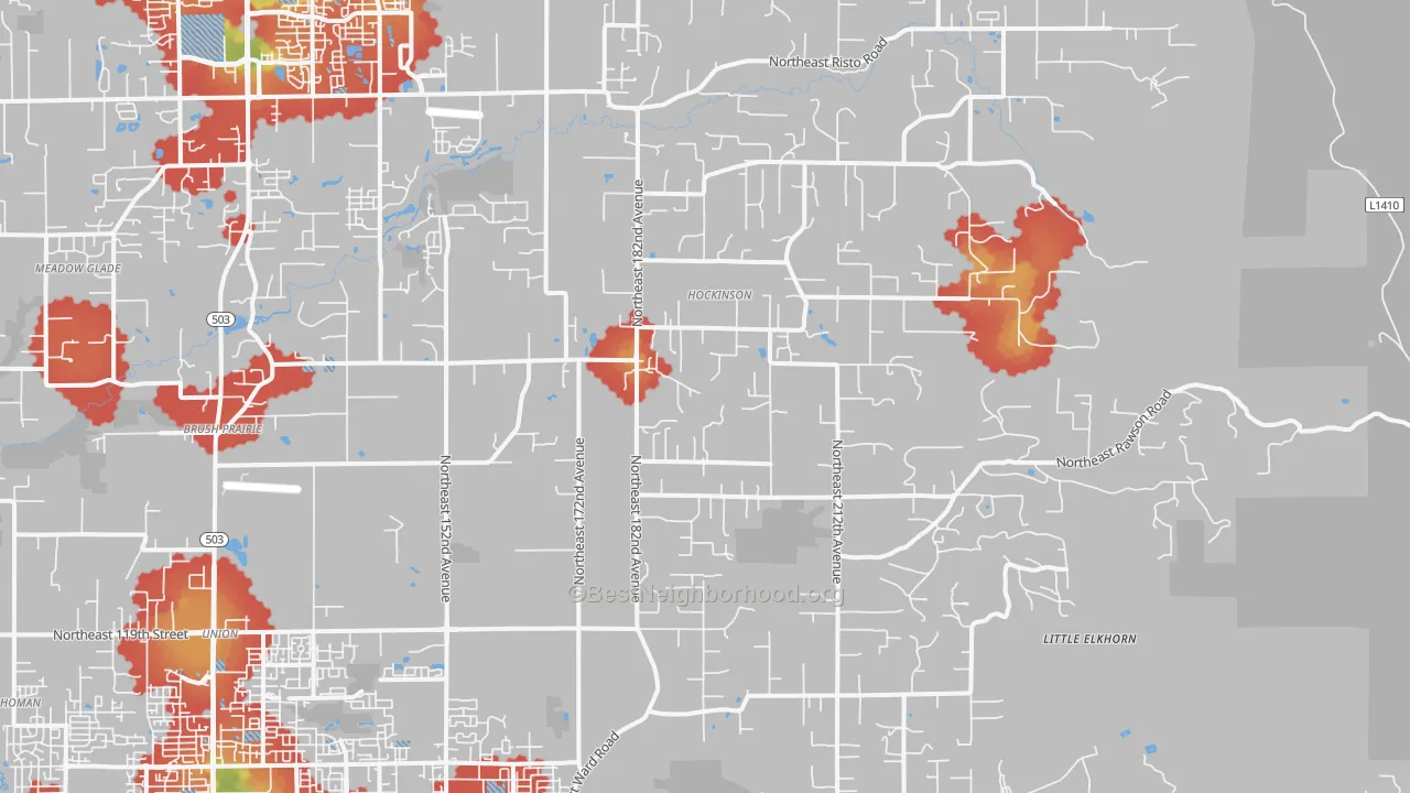 Walk Grade map of 98606, WA, walkable areas in green and car-dependent areas in red
