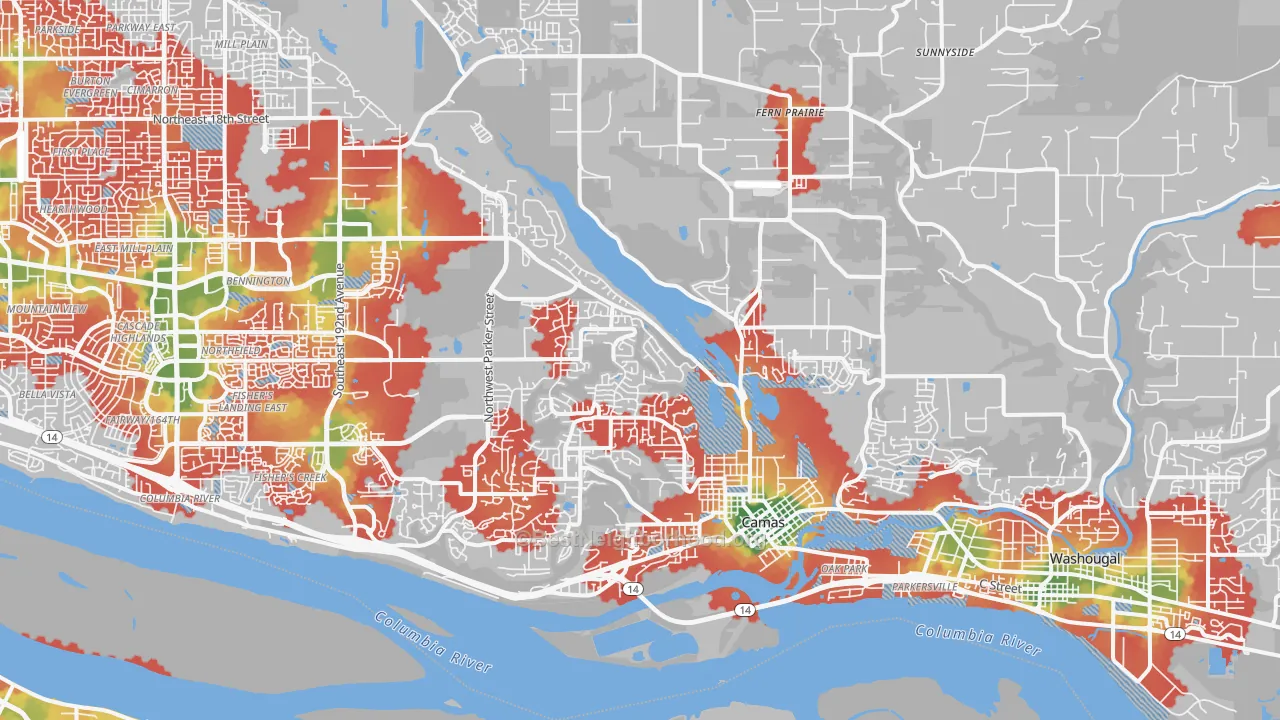Walk Grade map of 98607, WA, walkable areas in green and car-dependent areas in red