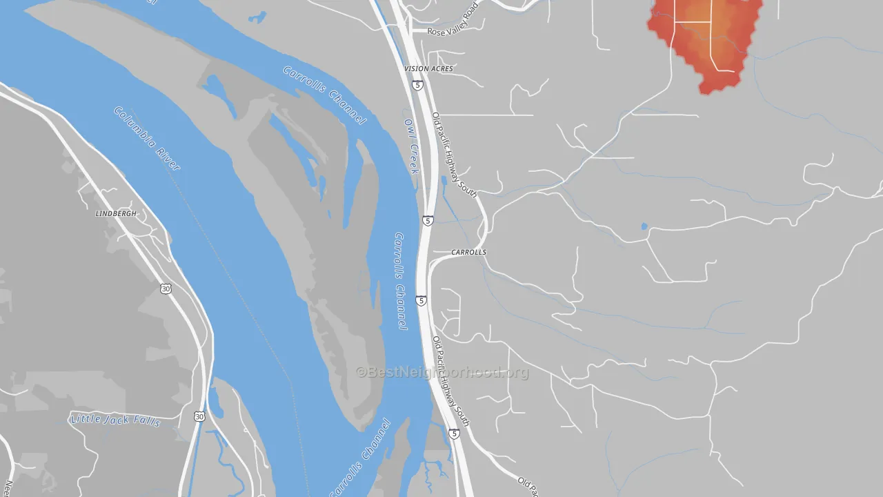 Walk Grade map of 98609, WA, walkable areas in green and car-dependent areas in red