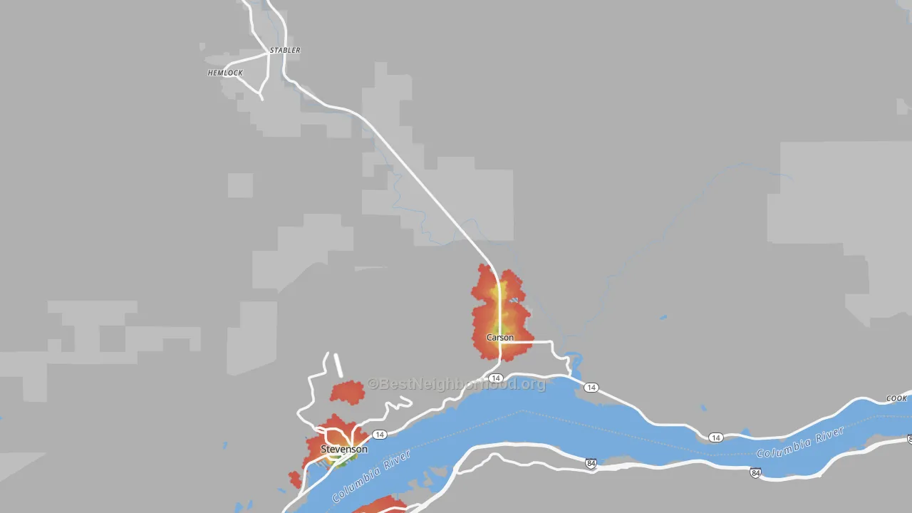 Walk Grade map of 98610, WA, walkable areas in green and car-dependent areas in red