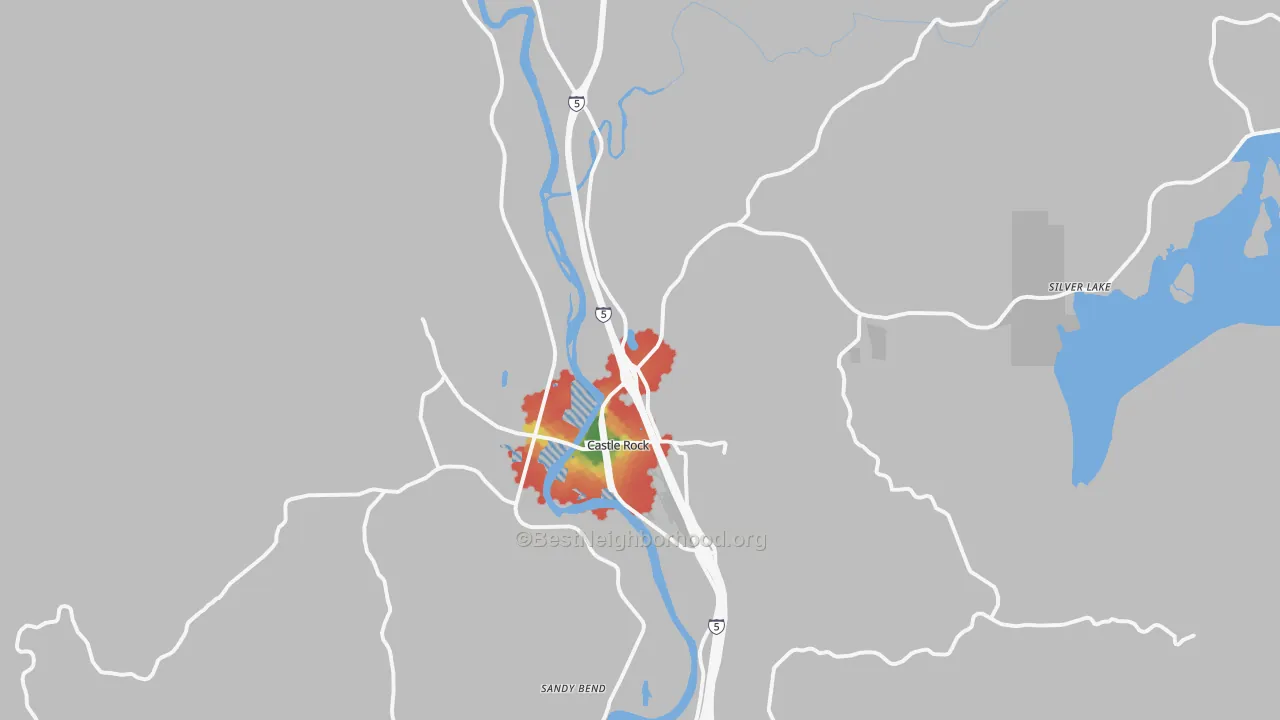 Walk Grade map of 98611, WA, walkable areas in green and car-dependent areas in red